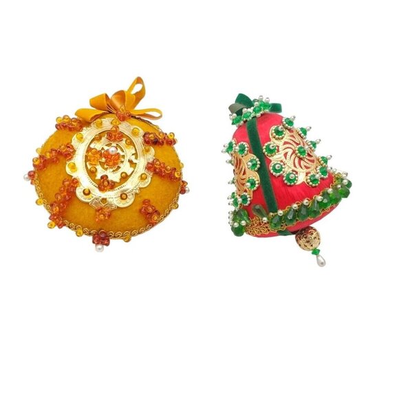 Vintage Sequin Velvet Pin Christmas Ornaments Gold‎ & Red Green Handmade - Picture 4 of 6